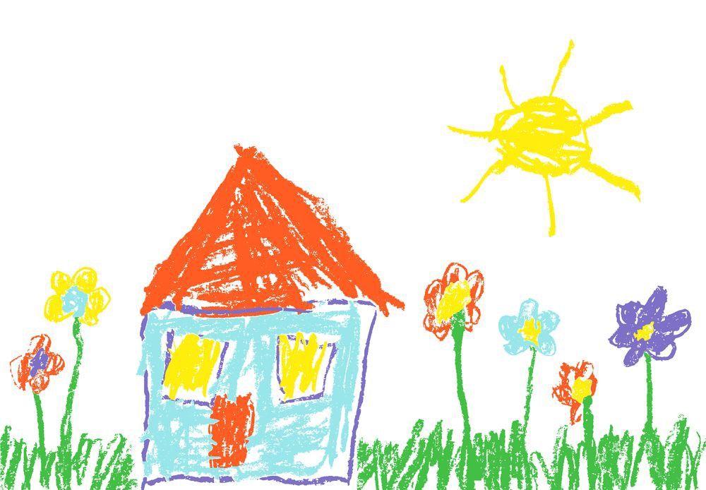 Child's crayon drawing of a house with flowers and sunshine